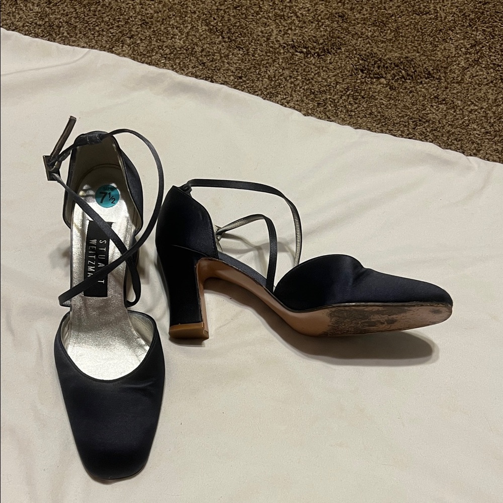 Stuart Weitzman black satin strappy heels   Rhinestone clasp